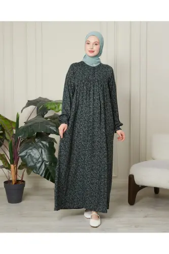 Büzgü Robadan Önü Düğmeli Viskon Kumaş Tessetür Giyim Anne Elbisesi Namaz Elbisesi - Haki Kalın Şal Desen - 2