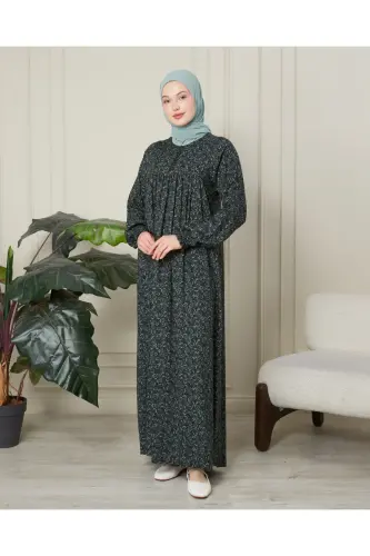 Büzgü Robadan Önü Düğmeli Viskon Kumaş Tessetür Giyim Anne Elbisesi Namaz Elbisesi - Haki Kalın Şal Desen - 3