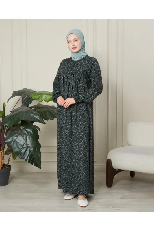 Büzgü Robadan Önü Düğmeli Viskon Kumaş Tessetür Giyim Anne Elbisesi Namaz Elbisesi - Haki Kalın Şal Desen - 3