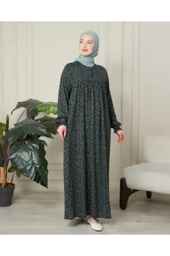 Büzgü Robadan Önü Düğmeli Viskon Kumaş Tessetür Giyim Anne Elbisesi Namaz Elbisesi - Haki Kalın Şal Desen - 5