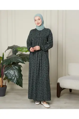 Büzgü Robadan Önü Düğmeli Viskon Kumaş Tessetür Giyim Anne Elbisesi Namaz Elbisesi - Haki Kalın Şal Desen - 6