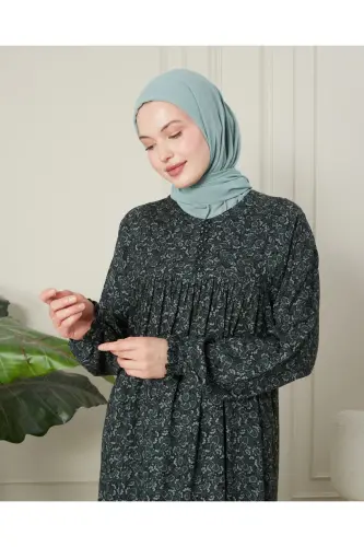Büzgü Robadan Önü Düğmeli Viskon Kumaş Tessetür Giyim Anne Elbisesi Namaz Elbisesi - Haki Kalın Şal Desen - 7