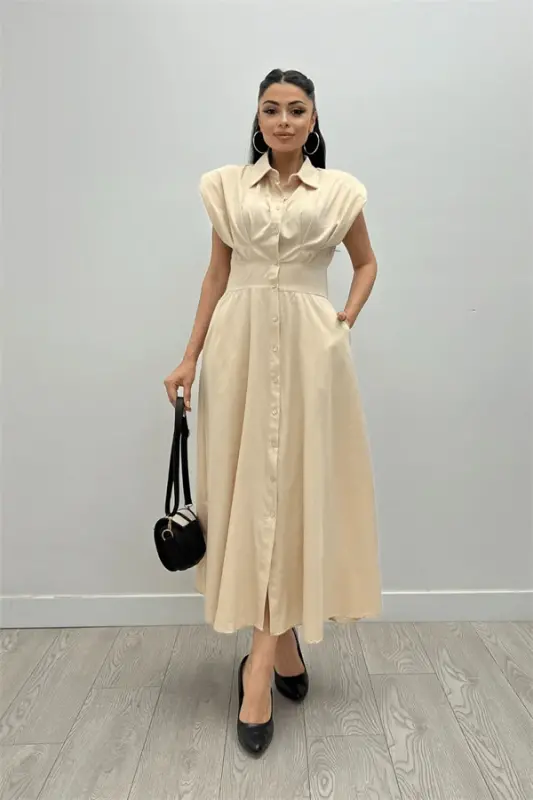 Poplin Fabric Button Detailed Dress - CREAM - BÜYÜKBEDENIZ
