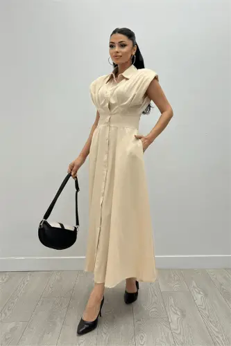 Poplin Fabric Button Detailed Dress - CREAM - BÜYÜKBEDENIZ (1)
