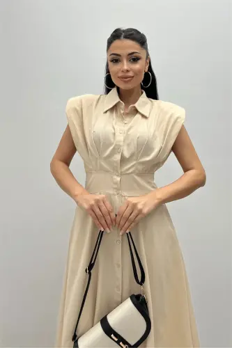 Poplin Fabric Button Detailed Dress - CREAM - 3