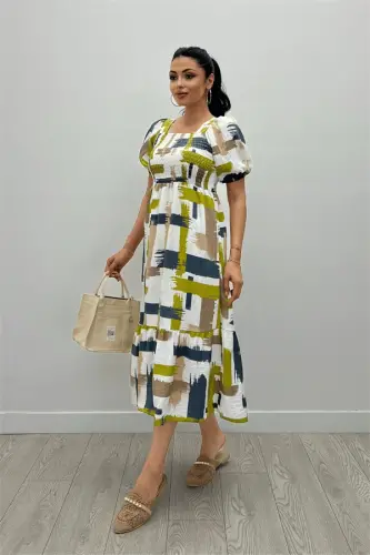 Poplin Fabric Smocked Bodice Midi Dress - GREEN - BÜYÜKBEDENIZ (1)