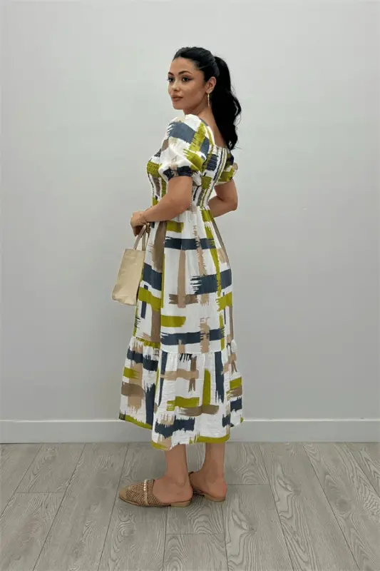 Poplin Fabric Smocked Bodice Midi Dress - GREEN - 5