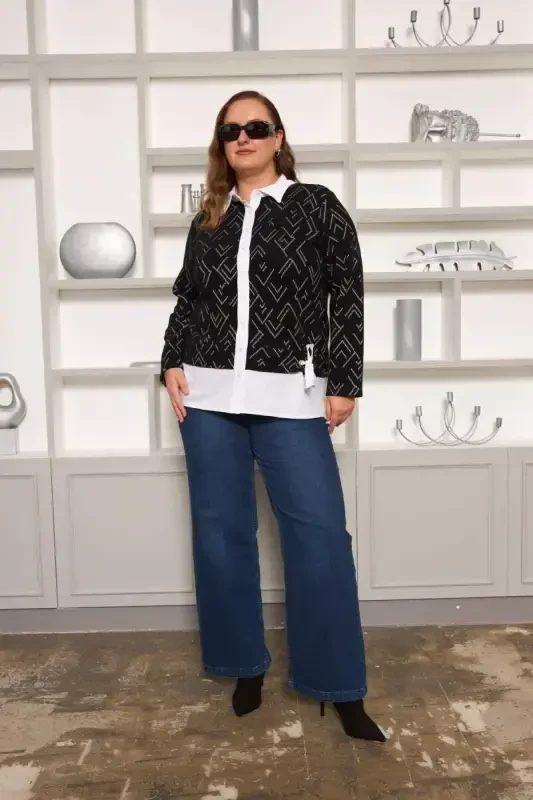 Poplin Garnili Büyük Beden Siyah Hırka - 5