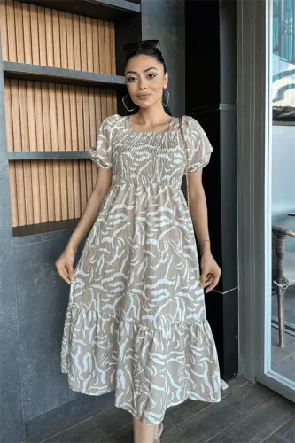 Poplin Kumas Göğüsü Büzgü Detaylı Midi Elbise - KREM - 3