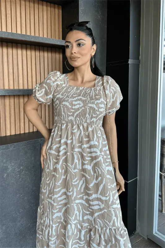 Poplin matosi ko'krak qismida burmalar detallari bo'lgan midi ko'ylak - KREM - 4