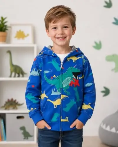 Popshion Boys Toddler Cartoon Dinosaur Hoodies Jacket Cool Long Sleeve Zipper Hooded Sport Sweatshirt Coat for Kids 1-7 Years - POPSHION (1)