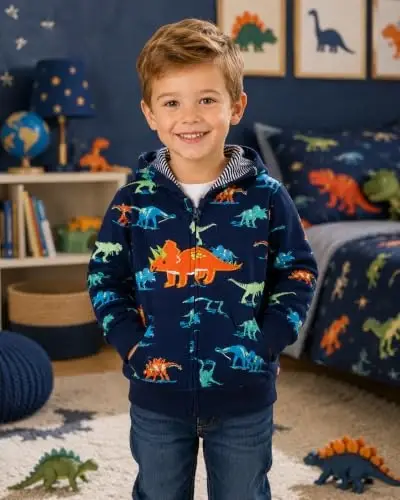 Popshion Boys Toddler Cartoon Dinosaur Hoodies Jacket Cool Long Sleeve Zipper Hooded Sport Sweatshirt Coat for Kids 1-7 Years - POPSHION (1)