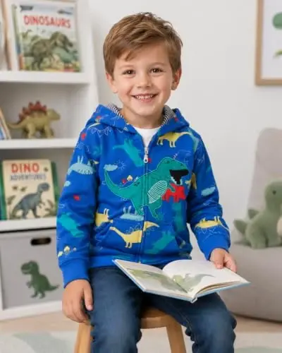 Popshion Boys Toddler Multfilm Dinosaur Hoodies Kurtka Salqin Uzun Qisma Fermuar Kapüşonlu Sport Sweatshirt Palto Bolalar uchun 1-7 Yillar - 3