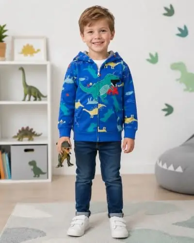 Popshion Boys Toddler Multfilm Dinosaur Hoodies Kurtka Salqin Uzun Qisma Fermuar Kapüşonlu Sport Sweatshirt Palto Bolalar uchun 1-7 Yillar - 4