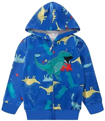 Popshion Erkek Çocuk Karikatür Dinozor Kapüşonlu Ceket Havalı Uzun Kollu Fermuarlı Kapüşonlu Spor Sweatshirt Mont Çocuklar için 1-7 Yaş 