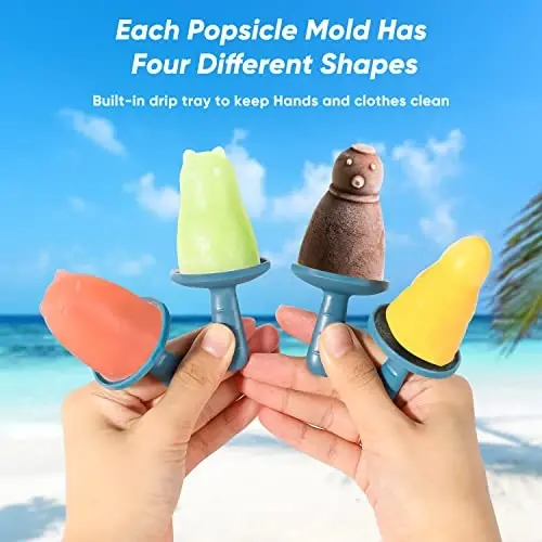 Popsicle Mold Set 4 Pieces Homemade Silicone Popsicle Maker Easy Release Ice Cream Molds Reusable DIY Pop Molds (Blue, WinterWonder Pops) - 4