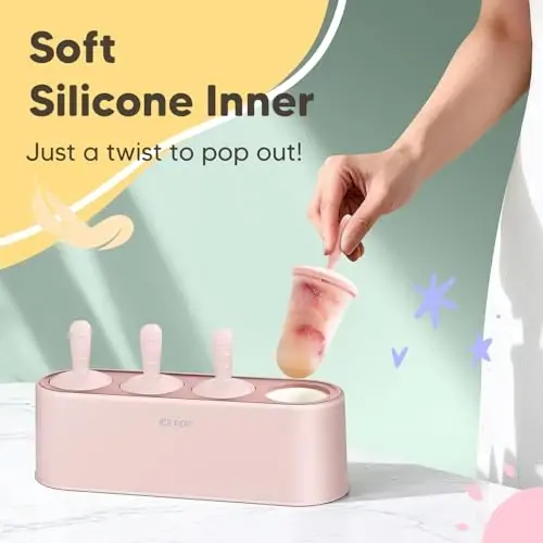 Popsicle qolip to'plami 4 dona uy qurilishi silikonli muzqaymoq tayyorlagich oson ajraladigan muzqaymoq qoliplari qayta ishlatiladigan DIY pop qoliplari (pushti, muzli klassik pops) - WYOK (1)