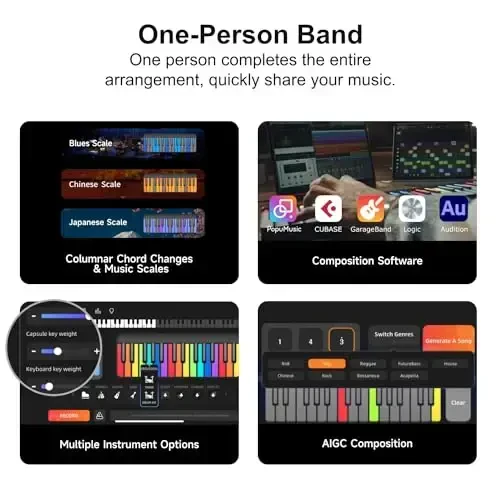 Popupiano Smart Piano Keyboard,Rainbow LED Lights&Free Apps,Learning Portable Keyboard,256 Voices,100+ Auto Chords,MIDI Support,59-Key Digital Piano for Beginners,Gift for Birthdays or Holidays - 4