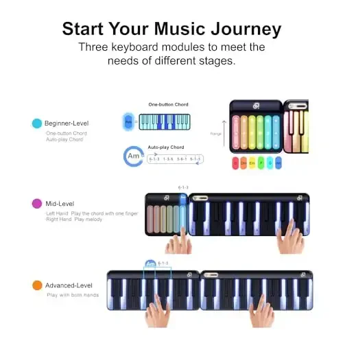 Popupiano Smart Piano Keyboard,Rainbow LED Lights&Free Apps,Learning Portable Keyboard,256 Voices,100+ Auto Chords,MIDI Support,59-Key Digital Piano for Beginners,Gift for Birthdays or Holidays - 5