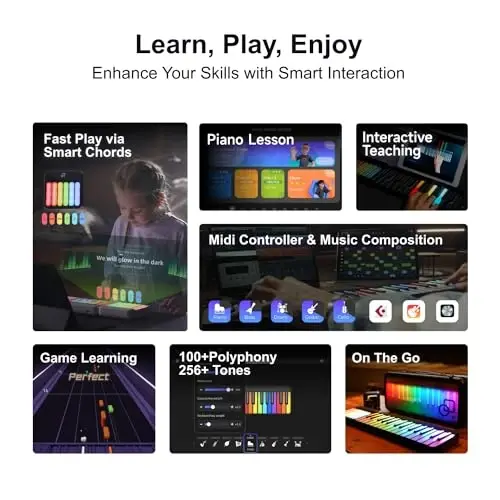 Popupiano Smart Piano Keyboard,Rainbow LED Lights&Free Apps,Learning Portable Keyboard,256 Voices,100+ Auto Chords,MIDI Support,59-Key Digital Piano for Beginners,Gift for Birthdays or Holidays - 2