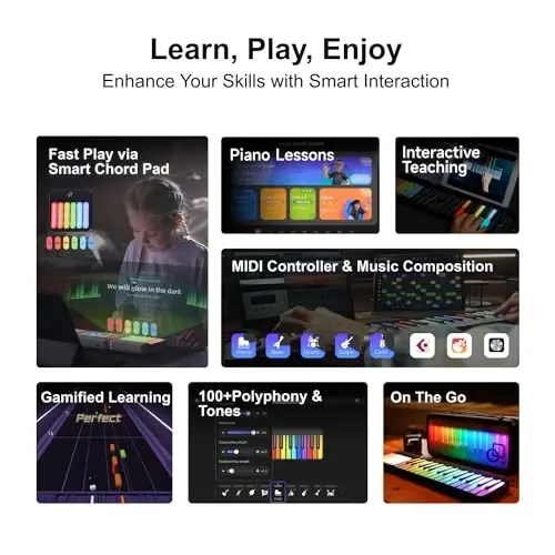 PopuPiano Smart Piano Keyboard with Speakers, Expandable Full keys Interactive Music Sheet Rainbow Light Keys, Lessons, 256 Tones Chords, MIDI Controller, Weighted Keys Sustain Pedal Jack/Audio Input - 2