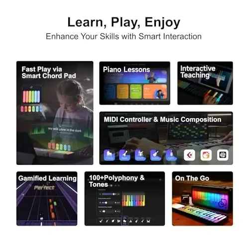 PopuPiano Smart Piano Keyboard with Speakers, Expandable Full keys Interactive Music Sheet Rainbow Light Keys, Lessons, 256 Tones Chords, MIDI Controller, Weighted Keys Sustain Pedal Jack/Audio Input - MODAZONE (1)