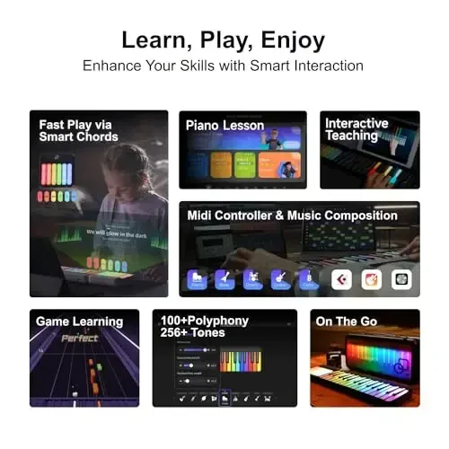 Popupiano Smart Piano Keyboard,Rainbow LED Lights&Free Apps,Learning Portable Keyboard,256 Voices,100+ Auto Chords,MIDI Support,59-Key Digital Piano for Beginners,Gift for Birthdays or Holidays - POPUPIANO (1)