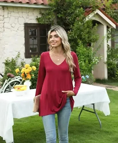 POPYOUNG Ayollar uzun yengli tunika toplamlari Kuzgi Leggings bilan kiyish uchun ko'ylaklar Keng Fit Elegant V-bo'yinli bluzka M-5XL - 5