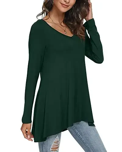 POPYOUNG Ayollar uzun yengli tunika toplamlari Legginglar bilan kiyish uchun kuzgi ko'ylaklar Keng bichimli chiroyli V-bo'yinli bluzka M-5XL - 2