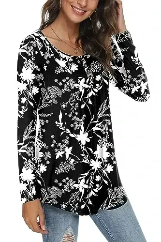 POPYOUNG Women's Long Sleeves Tunic Tops to Wear with Leggings Loose Fit Dressy Empire Waist Fall Tops - 1