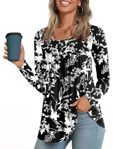 POPYOUNG Women's Long Sleeves Tunic Tops to Wear with Leggings Loose Fit Dressy Empire Waist Fall Tops - 3