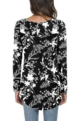 POPYOUNG Women's Casual Long Sleeve Tunic Tops Loose Fit Pleated Fall T-shirt Blouses - 2