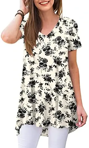 POPYOUNG Women's long Tunic Tops to Wear with Leggings Summer Short Sleeve Loose Fit Dressy Shirts M-5XL 