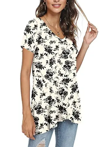 POPYOUNG Women's long Tunic Tops to Wear with Leggings Summer Short Sleeve Loose Fit Dressy Shirts M-5XL - POPYOUNG (1)