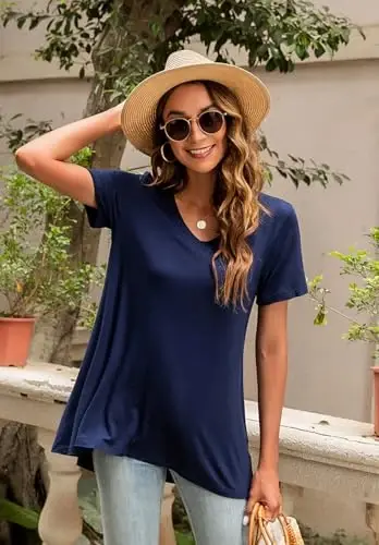 POPYOUNG Women's long Tunic Tops to Wear with Leggings Summer Short Sleeve Loose Fit Dressy Shirts M-5XL - 3
