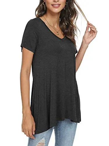 POPYOUNG Women's long Tunic Tops to Wear with Leggings Summer Short Sleeve Loose Fit Dressy Shirts M-5XL - POPYOUNG (1)
