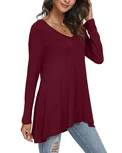 POPYOUNG Women's Long Sleeve Tunic Tops Fall Shirts to Wear with Leggings Loose Fit Dressy V-Neck Blouse M-5XL - 2