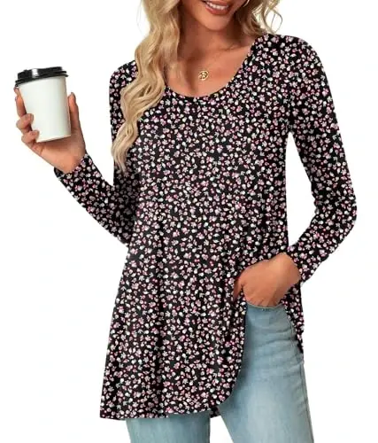 POPYOUNG Women's Long Sleeve Tunic Tops Fall Shirts to Wear with Leggings Loose Fit Dressy V-Neck Blouse M-5XL 