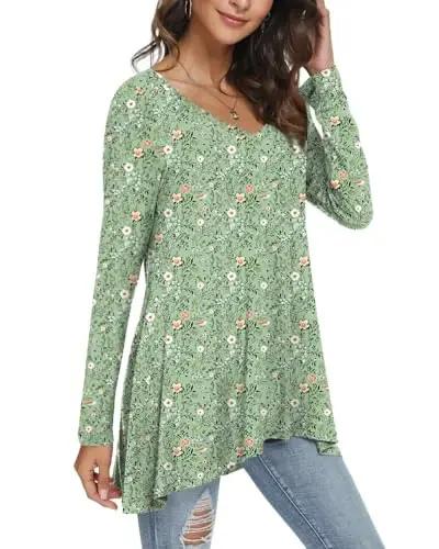 POPYOUNG Women's Long Sleeve Tunic Tops Fall Shirts to Wear with Leggings Loose Fit Dressy V-Neck Blouse M-5XL - 2
