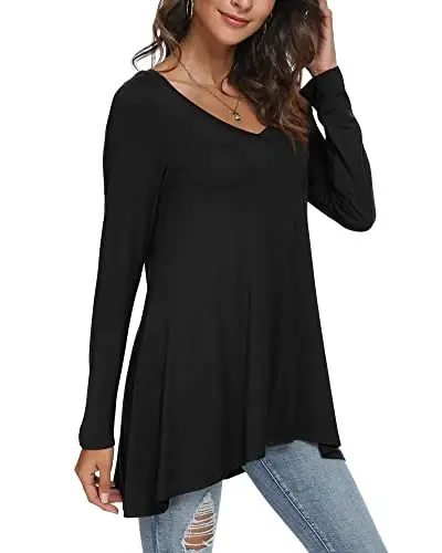 POPYOUNG Women's Long Sleeve Tunic Tops Fall Shirts to Wear with Leggings Loose Fit Dressy V-Neck Blouse M-5XL - 2