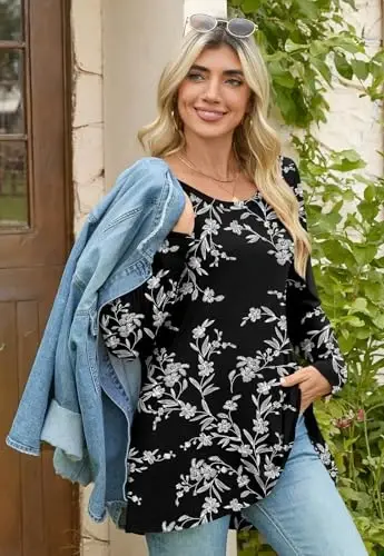 POPYOUNG Women's Long Sleeve Tunic Tops Fall Shirts to Wear with Leggings Loose Fit Dressy V-Neck Blouse M-5XL - 3