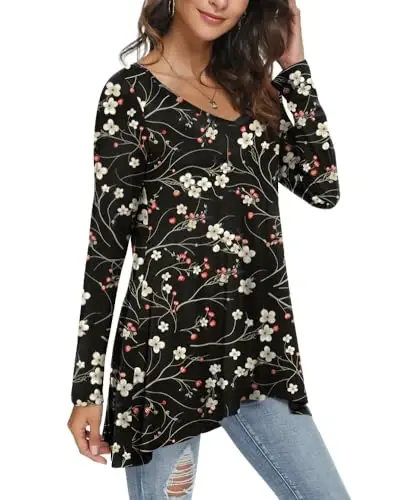 POPYOUNG Women's Long Sleeve Tunic Tops Fall Shirts to Wear with Leggings Loose Fit Dressy V-Neck Blouse M-5XL - 2