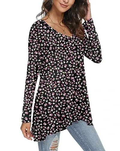 POPYOUNG Women's Long Sleeve Tunic Tops Fall Shirts to Wear with Leggings Loose Fit Dressy V-Neck Blouse M-5XL - 2