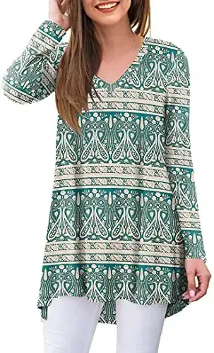 POPYOUNG Women's Long Sleeve Tunic Tops Fall Shirts to Wear with Leggings Loose Fit Dressy V-Neck Blouse M-5XL 