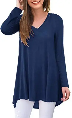 POPYOUNG Women's Long Sleeve Tunic Tops Fall Shirts to Wear with Leggings Loose Fit Dressy V-Neck Blouse M-5XL 