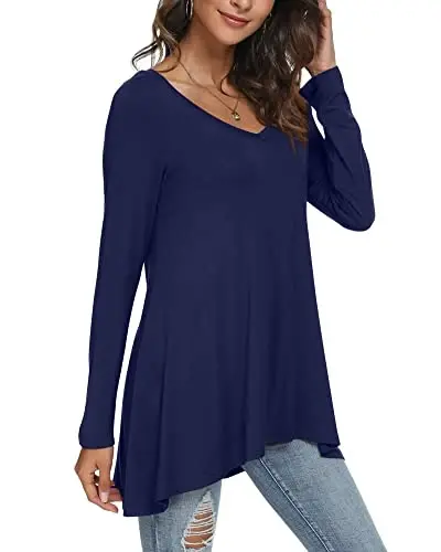 POPYOUNG Women's Long Sleeve Tunic Tops Fall Shirts to Wear with Leggings Loose Fit Dressy V-Neck Blouse M-5XL - 2