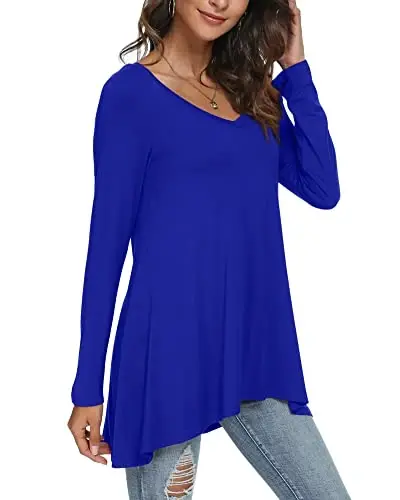 POPYOUNG Women's Long Sleeve Tunic Tops Fall Shirts to Wear with Leggings Loose Fit Dressy V-Neck Blouse M-5XL - 2