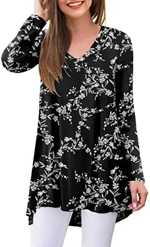 POPYOUNG Women's Long Sleeve Tunic Tops Fall Shirts to Wear with Leggings Loose Fit Dressy V-Neck Blouse M-5XL 