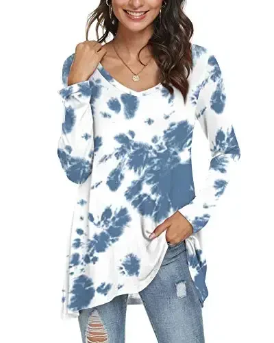 POPYOUNG Women's Long Sleeve Tunic Tops Fall Shirts to Wear with Leggings Loose Fit Dressy V-Neck Blouse M-5XL - 2