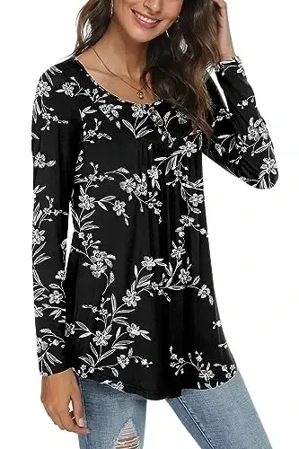 POPYOUNG Women's Long Sleeves Tunic Tops to Wear with Leggings Loose Fit Dressy Empire Waist Fall Tops - MODAZONE